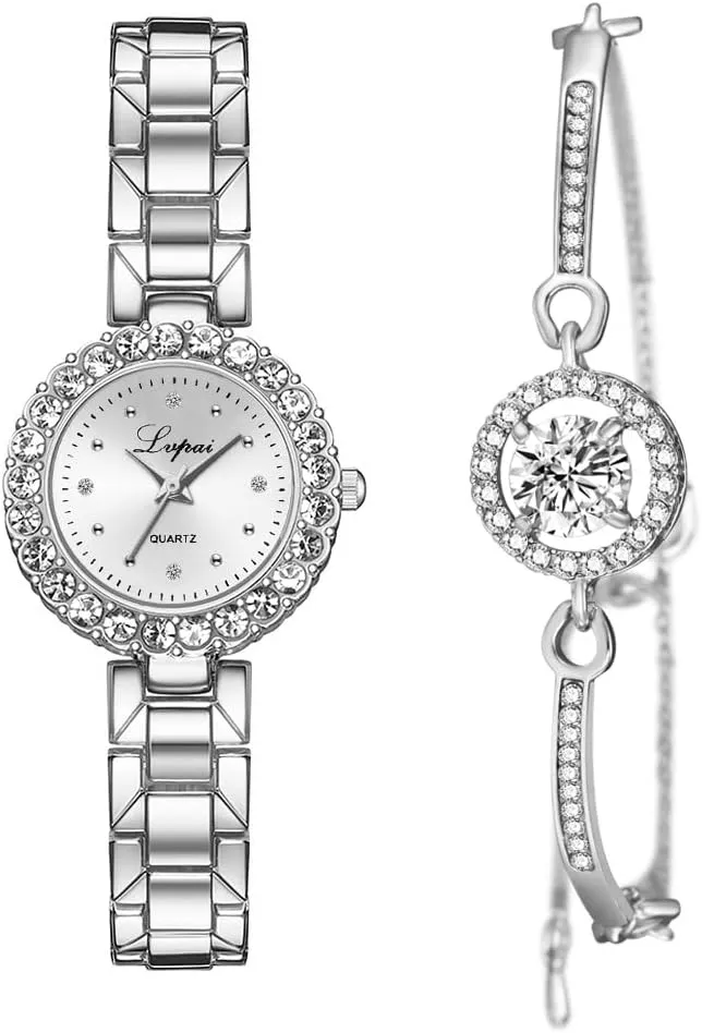 CdyBox Classic Alloy Strap Ladies Watch with Crystal Bracelet Watches Set Quartz Wristwatches for Women Great Gifts