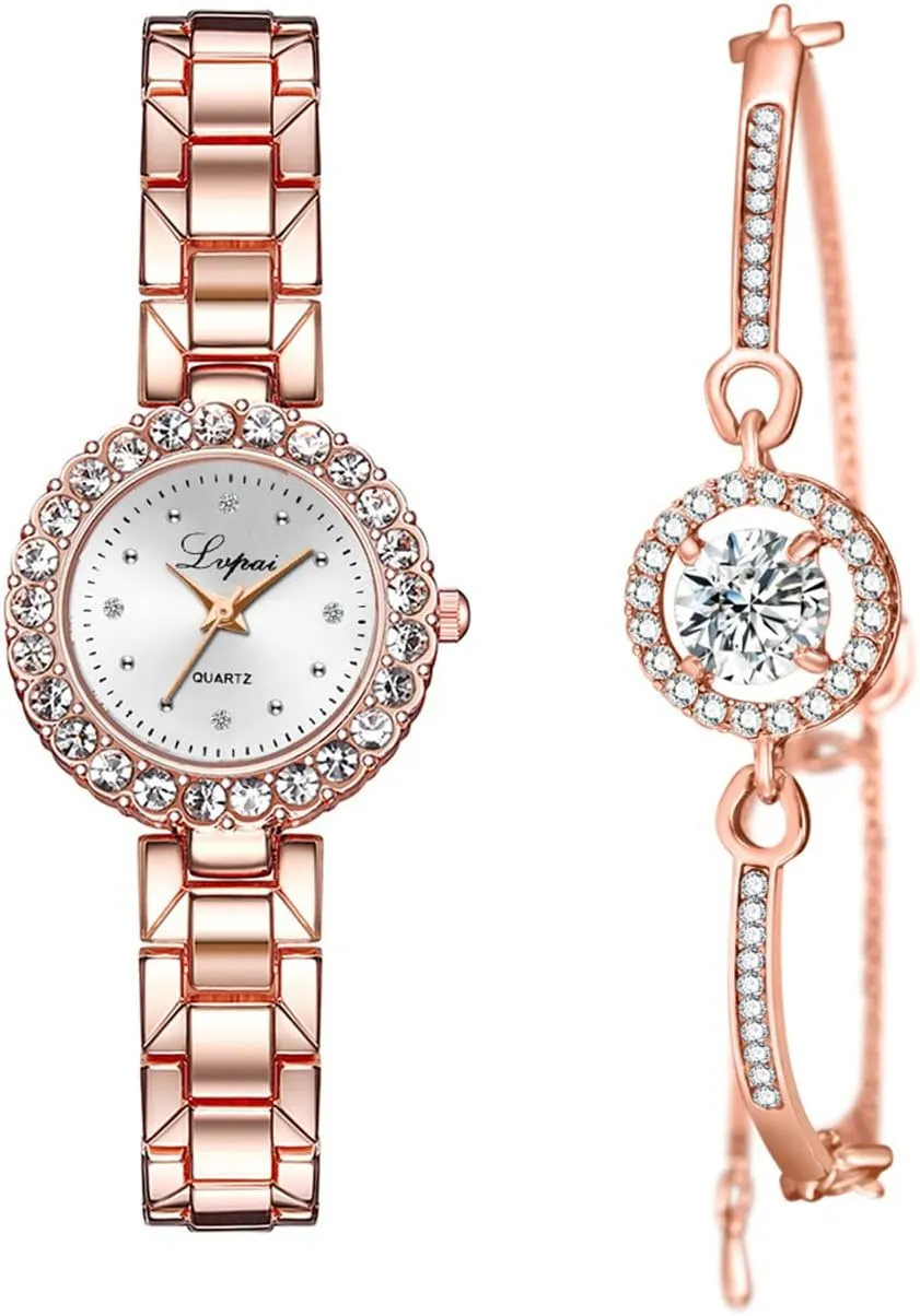 CdyBox Classic Alloy Strap Ladies Watch with Crystal Bracelet Watches Set Quartz Wristwatches for Women Great Gifts