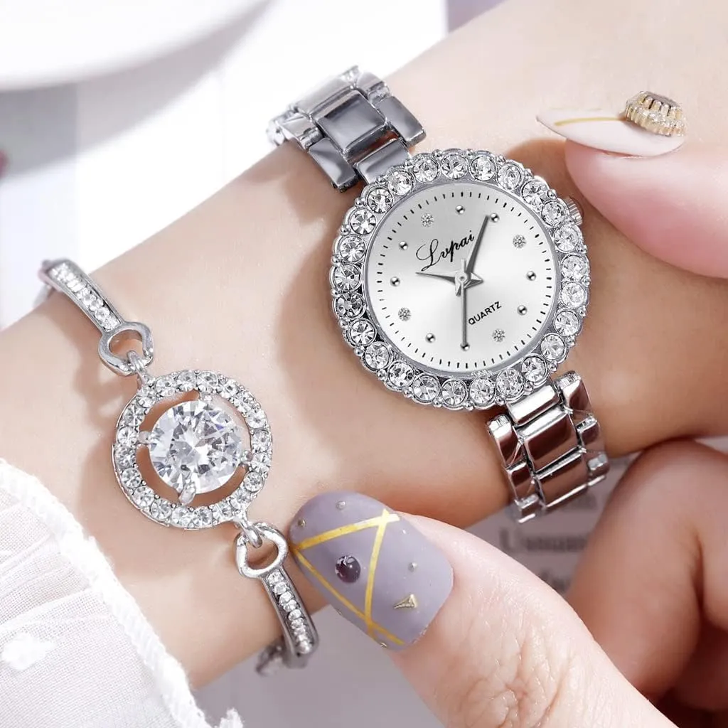 CdyBox Classic Alloy Strap Ladies Watch with Crystal Bracelet Watches Set Quartz Wristwatches for Women Great Gifts