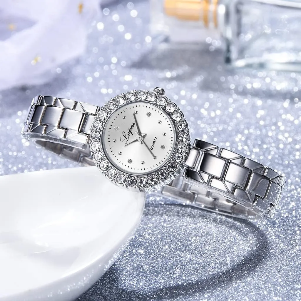 CdyBox Classic Alloy Strap Ladies Watch with Crystal Bracelet Watches Set Quartz Wristwatches for Women Great Gifts