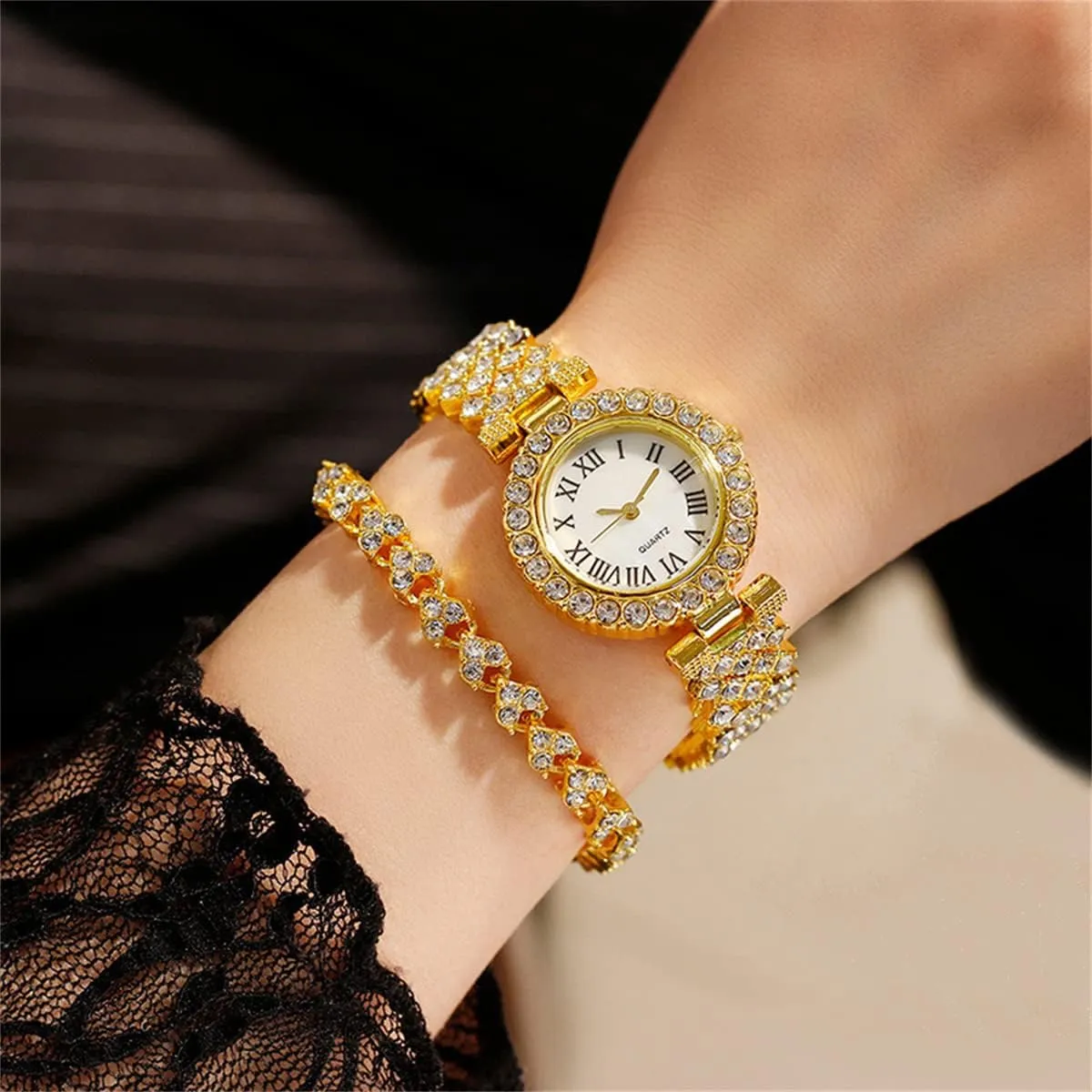 CdyBox Lady Elegant Small Dial Quartz Watch with Diamond Bracelet Watch Set Dress Wrist Watches
