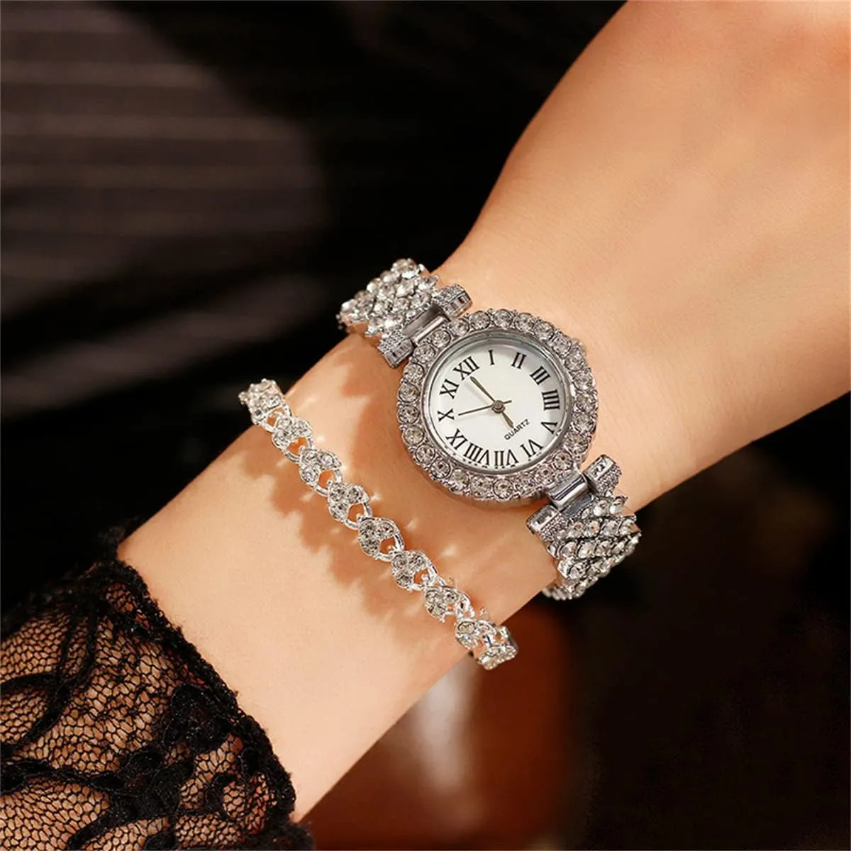 CdyBox Lady Elegant Small Dial Quartz Watch with Diamond Bracelet Watch Set Dress Wrist Watches