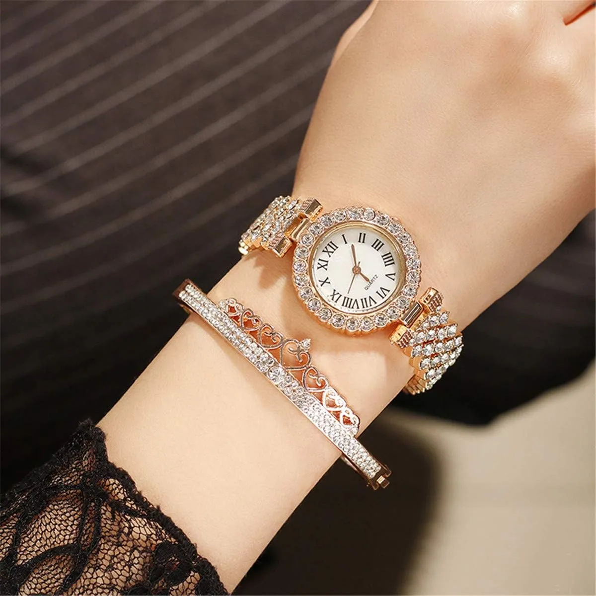 CdyBox Women Watches Diamond Luxury Quartz Watch Ladies Wristwatches with Crown Bangle Set Gifts