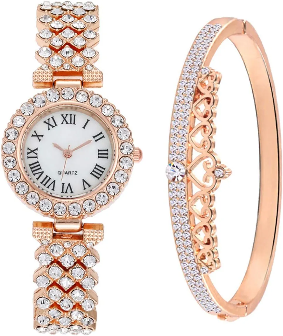 CdyBox Women Watches Diamond Luxury Quartz Watch Ladies Wristwatches with Crown Bangle Set Gifts