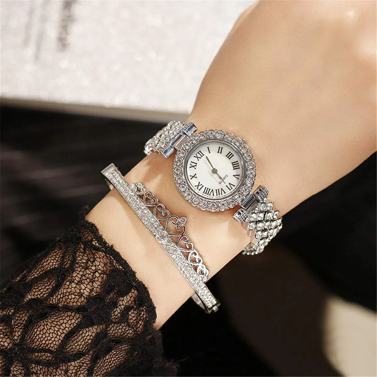 CdyBox Women Watches Diamond Luxury Quartz Watch Ladies Wristwatches with Crown Bangle Set Gifts