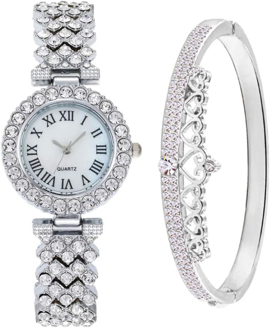 CdyBox Women Watches Diamond Luxury Quartz Watch Ladies Wristwatches with Crown Bangle Set Gifts