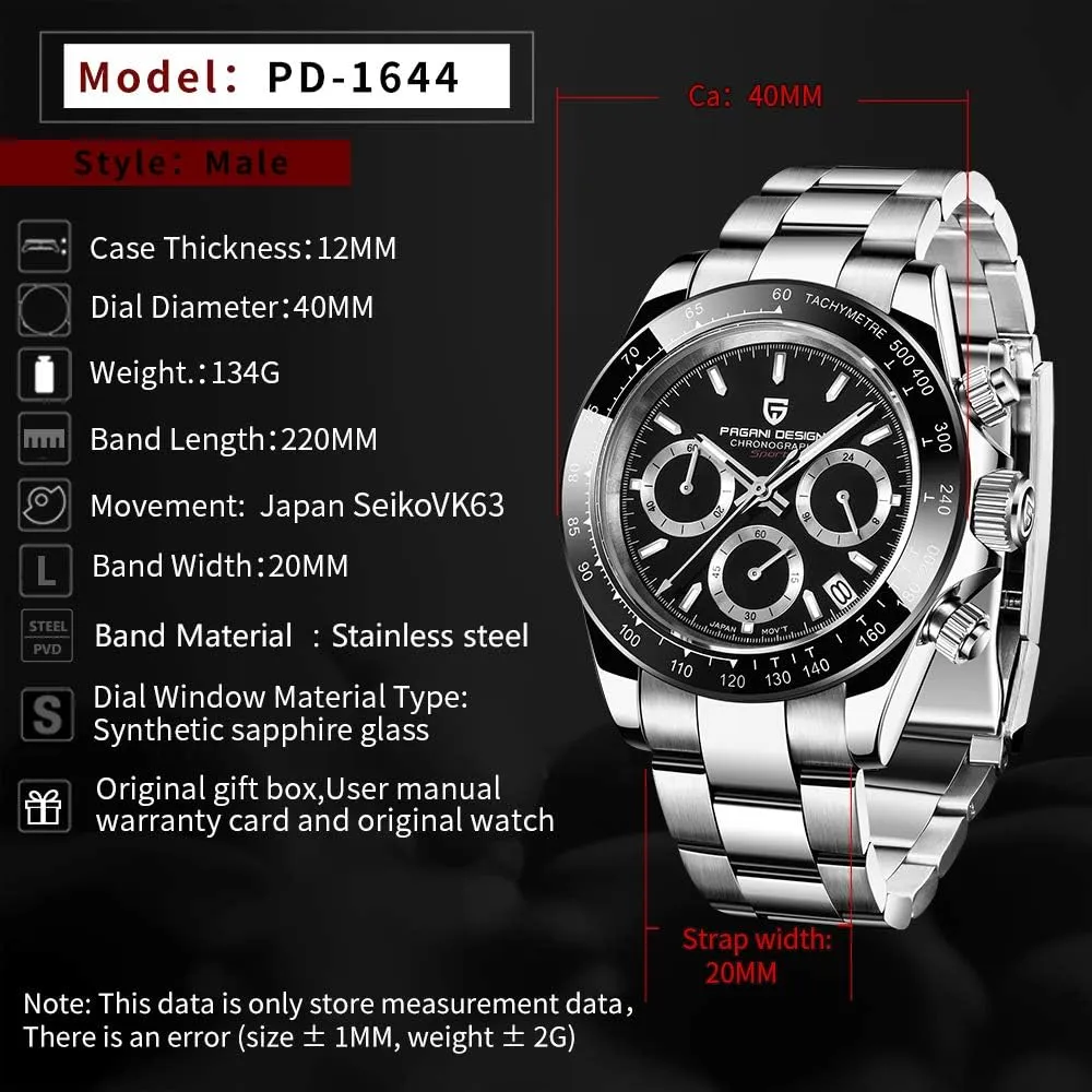 CEYADG Pagani Design Daytona Homage Men's Quartz Watch, Chronograph Wristwatch for Men, VK63 Movement, Stainless Steel Band, PD1644