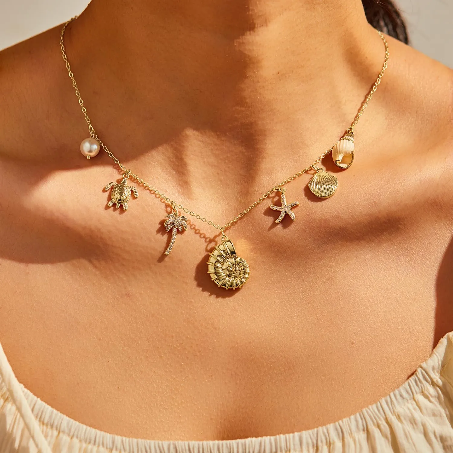 Charm Necklace: 14k Gold Plated Sea Beach Dainty Charm Necklace for Women 16.5" 2"