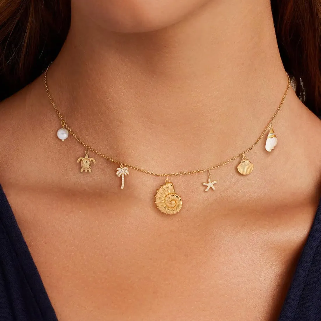 Charm Necklace: 14k Gold Plated Sea Beach Dainty Charm Necklace for Women 16.5" 2"