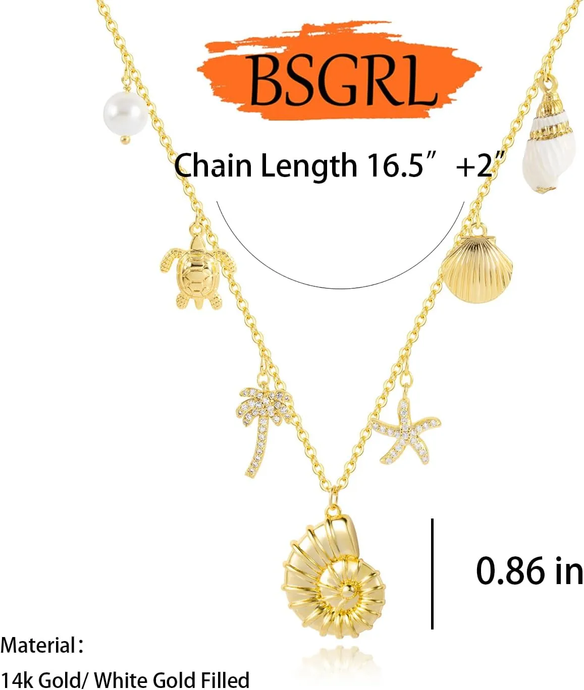Charm Necklace: 14k Gold Plated Sea Beach Dainty Charm Necklace for Women 16.5" 2"