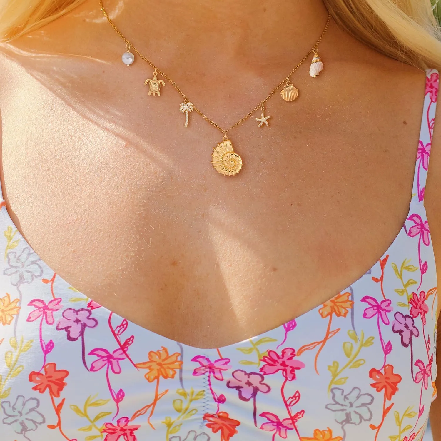 Charm Necklace: 14k Gold Plated Sea Beach Dainty Charm Necklace for Women 16.5" 2"