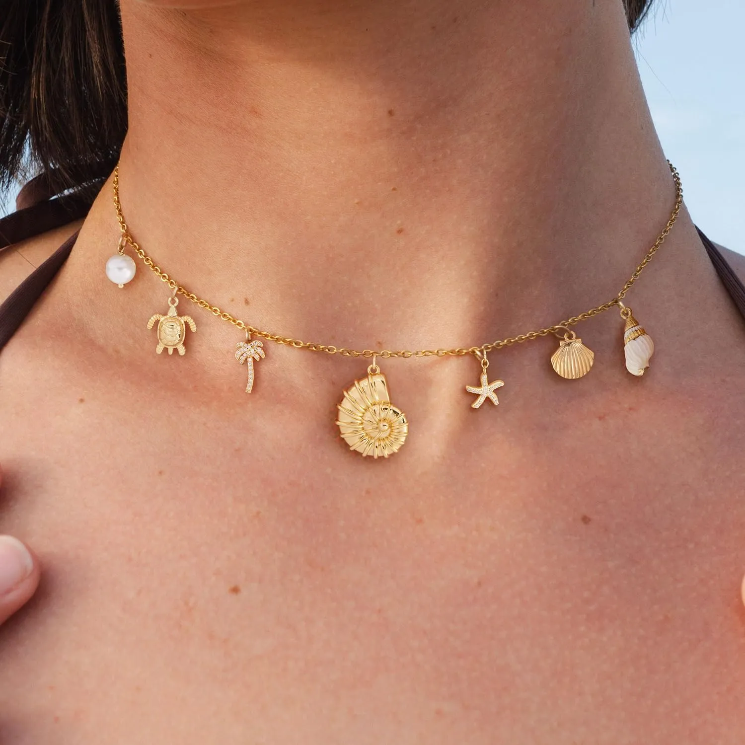 Charm Necklace: 14k Gold Plated Sea Beach Dainty Charm Necklace for Women 16.5" 2"