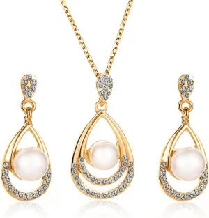 Charm Pearl Wedding Earring Necklaces Set for Women Elegant Vintage CZ Freshwater Pearl Jewelry Set Round White Pearl Costume Jewelry Accessories for Brides Bridesmaids, Birthday Gift