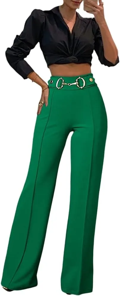 CHICME Womens Straight Leg Green Pants Mental Button Decor Dress Pants High Waist Business Casual Work Trousers Green-S