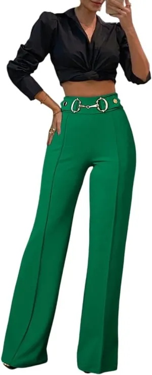 CHICME Womens Straight Leg Green Pants Mental Button Decor Dress Pants High Waist Business Casual Work Trousers Green-S