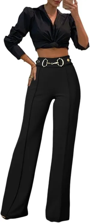 CHICME Womens Straight Leg Pants Mental Button Decor Dress Pants High Waist Business Casual Work Black Trousers-XL