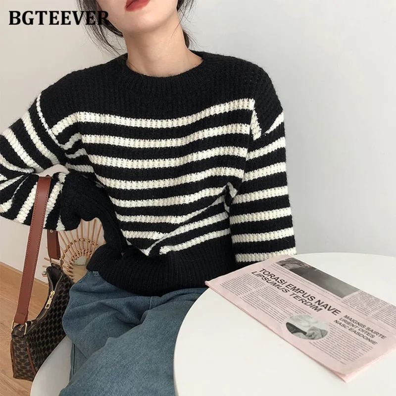 Christmas Gift Joskaa Casual O-neck Loose Women Striped Sweaters Pullovers Autumn Winter Full Sleeve Ladies Knitted Tops Jumpers 2024