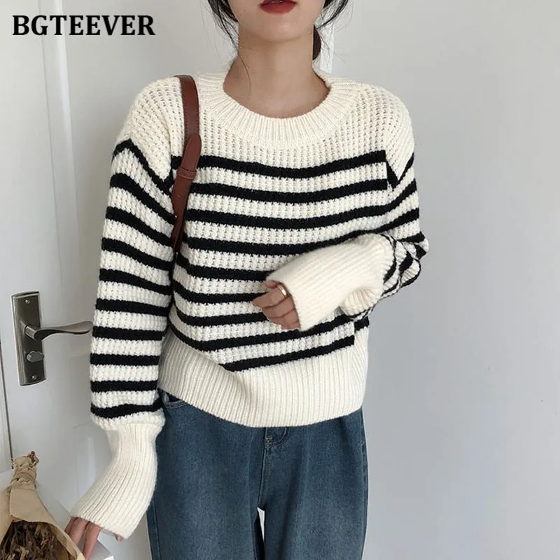 Christmas Gift Joskaa Casual O-neck Loose Women Striped Sweaters Pullovers Autumn Winter Full Sleeve Ladies Knitted Tops Jumpers 2024