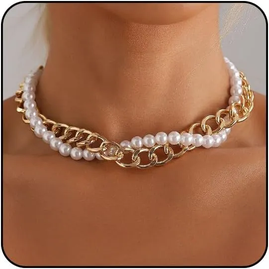 Chunky Gold Necklace Chunky Pearl Choker for Women Statement Layered Gold Necklaces for Women Gold Cuban Link Chain Necklaces for Women Trendy Gold Jewelry