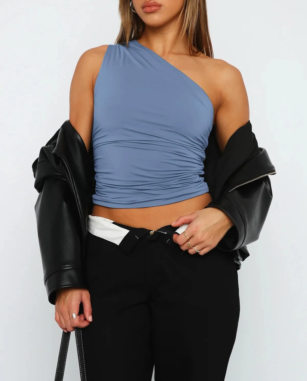Cioatin Women Sleeveless One Shoulder Crop Tank Tops Ruched Tight Slim Fitted Workout Y2K Going Out Top Trendy 2023 Cami