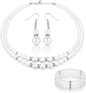 Classic Faux Pearl Necklace and Earring Set,Pearl Bracelet Jewelry Set for Women,Pearls Bracelet Earrings for Women,Pearls Necklace Set for Wedding Brides
