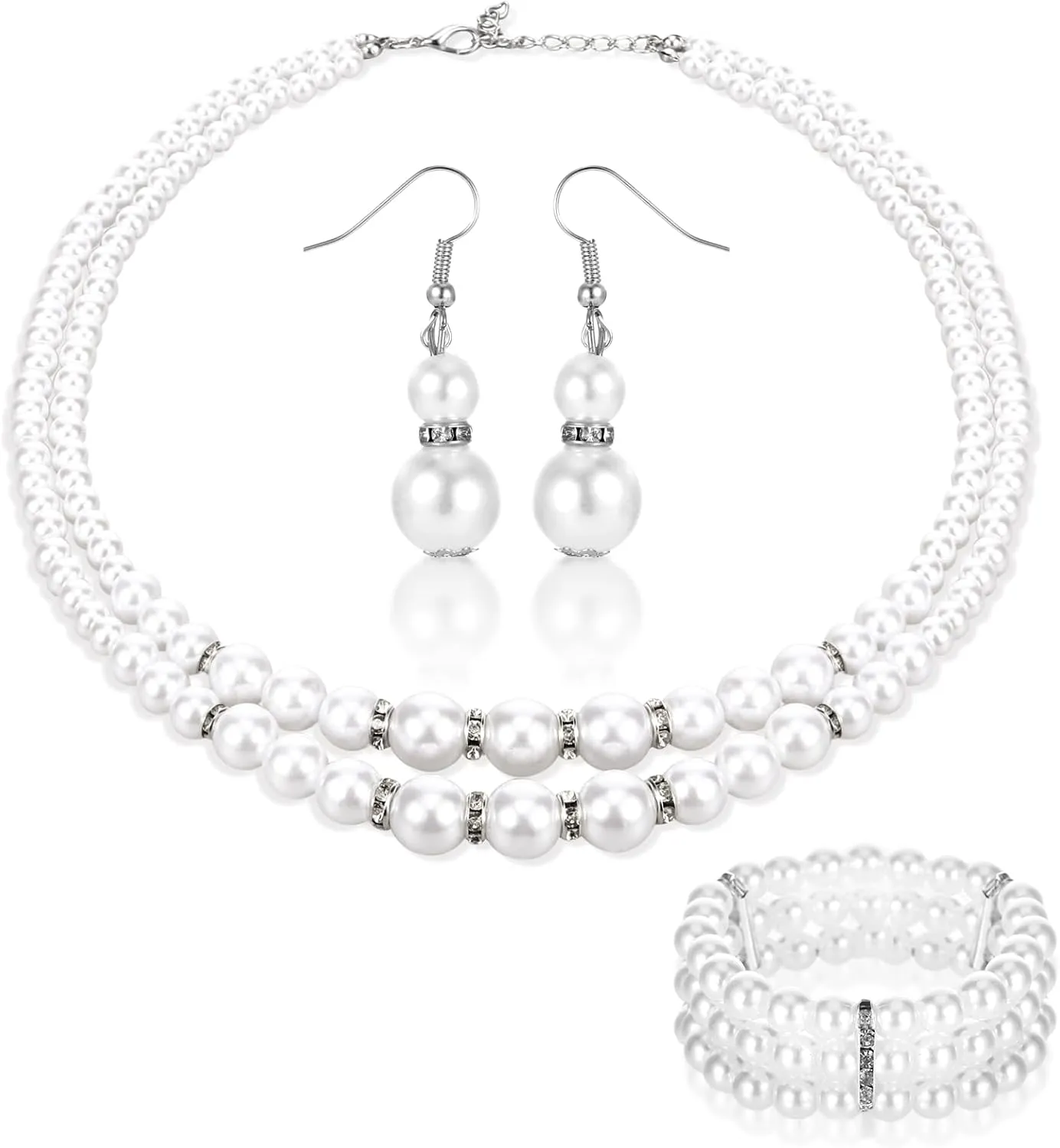 Classic Faux Pearl Necklace and Earring Set,Pearl Bracelet Jewelry Set for Women,Pearls Bracelet Earrings for Women,Pearls Necklace Set for Wedding Brides