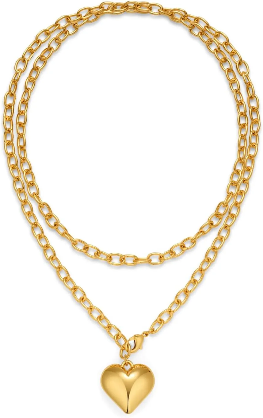 CLASSYZINT Gold Heart Pendant Necklace for Women Puffy Heart Necklace Beads Chain Necklace Statement Necklace Trendy Jewelry