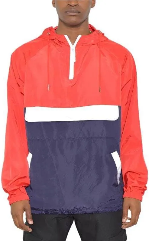 Color Block Anorak Jacket Pullover Windbreaker RED NAVY / 2XL