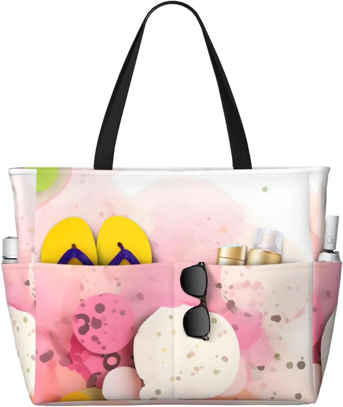 Color fragment paper Print 28L Large Beach Tote Bag, 7 Pockets Waterproof Travel Shoulder Bag, Gym Oversized Tote