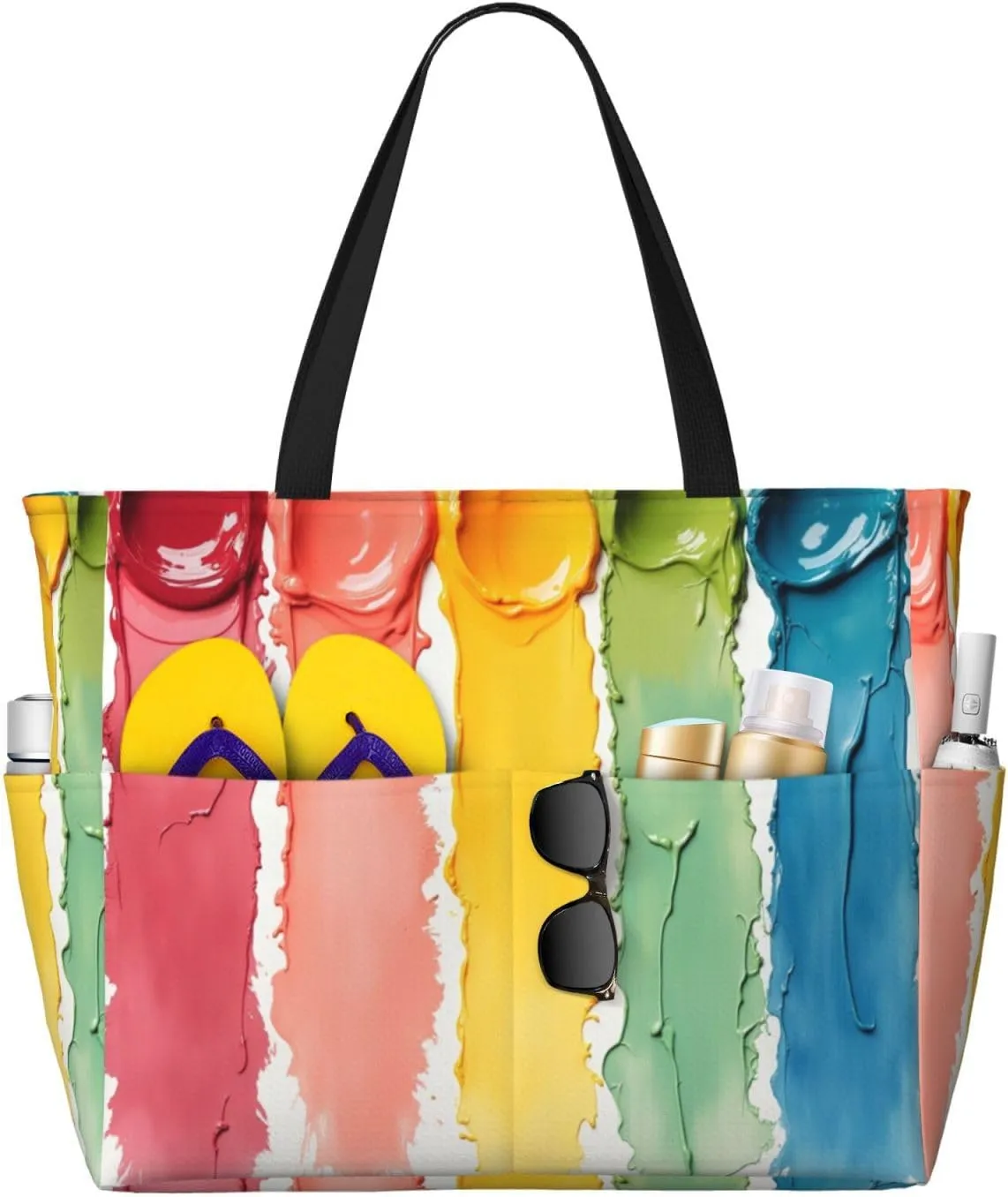 Colorful Paint Pattern Print 28L Large Beach Tote Bag, 7 Pockets Waterproof Travel Shoulder Bag, Gym Oversized Tote