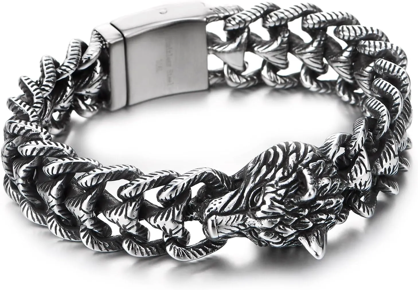 COOLSTEELANDBEYOND Men's Stainless Steel Wolf Head Bracelet, Textured Scale Link Curb Chain, Vintage Norse Viking
