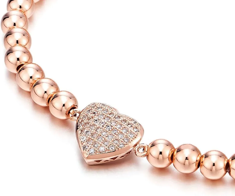 COOLSTEELANDBEYOND Rose Gold Beads Link Charm Bracelet for Women with Cubic Zirconia Heart Charm, Polished