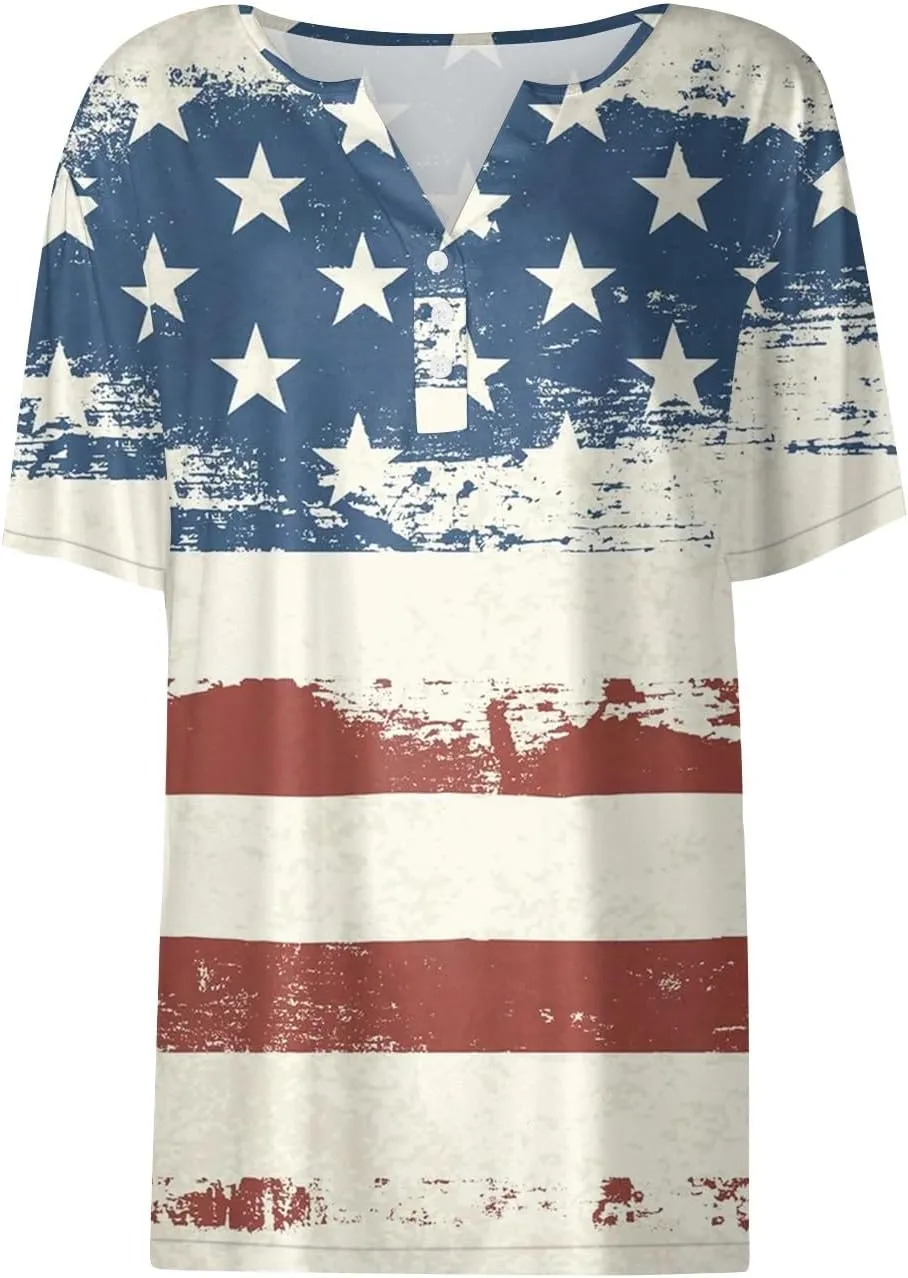 COTECRAM Summer Tops for Women 2024 Short Sleeve Button V Neck Tshirts Trendy Dressy Casual Blouses Loose Fit Graphic Tunics