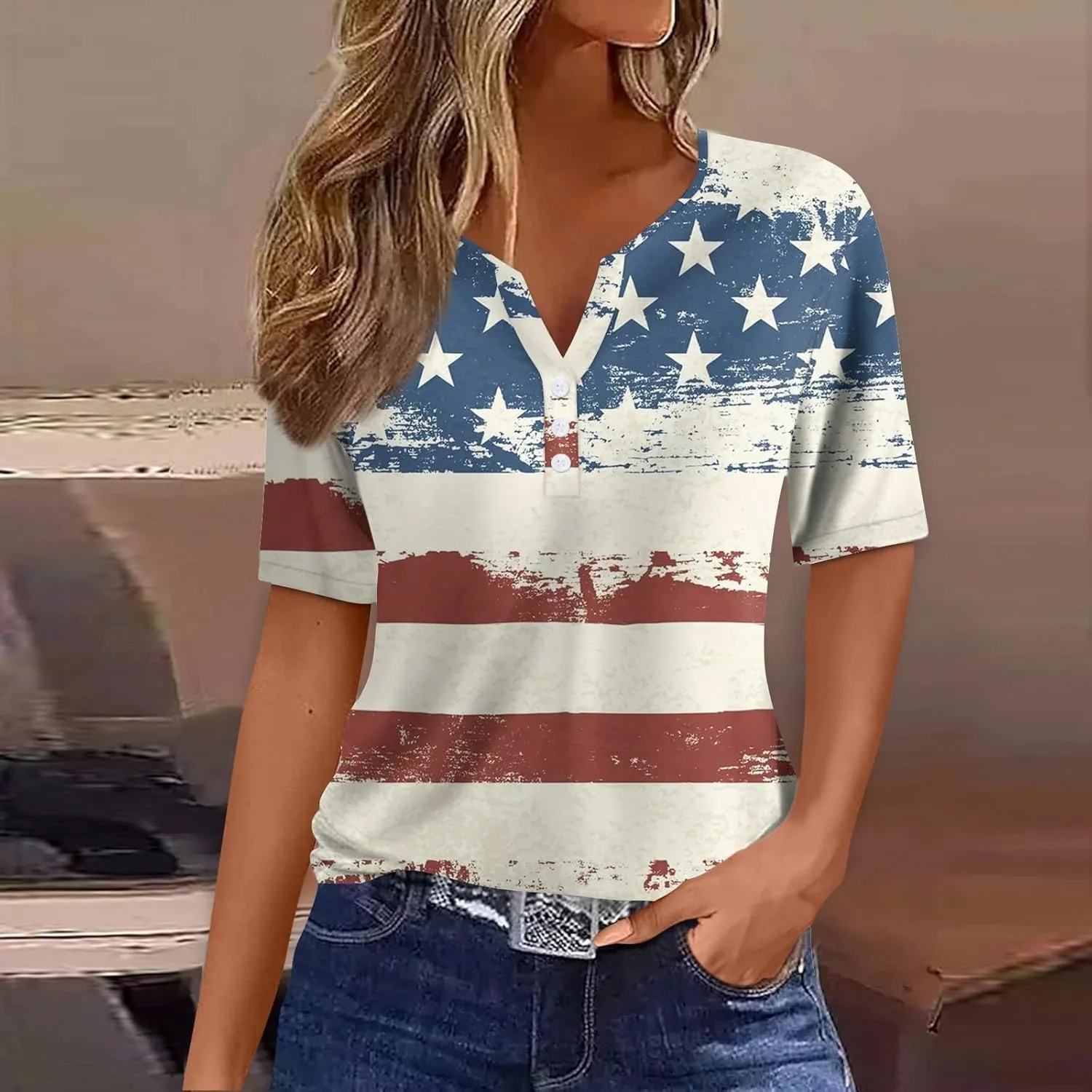 COTECRAM Summer Tops for Women 2024 Short Sleeve Button V Neck Tshirts Trendy Dressy Casual Blouses Loose Fit Graphic Tunics