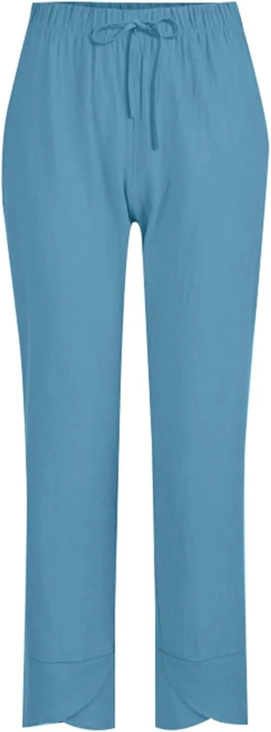 Cotton Linen Pants for Women Summer Straight Leg Elastic Waist Capri Pant Casual Loose Cropped Trousers with Pockets