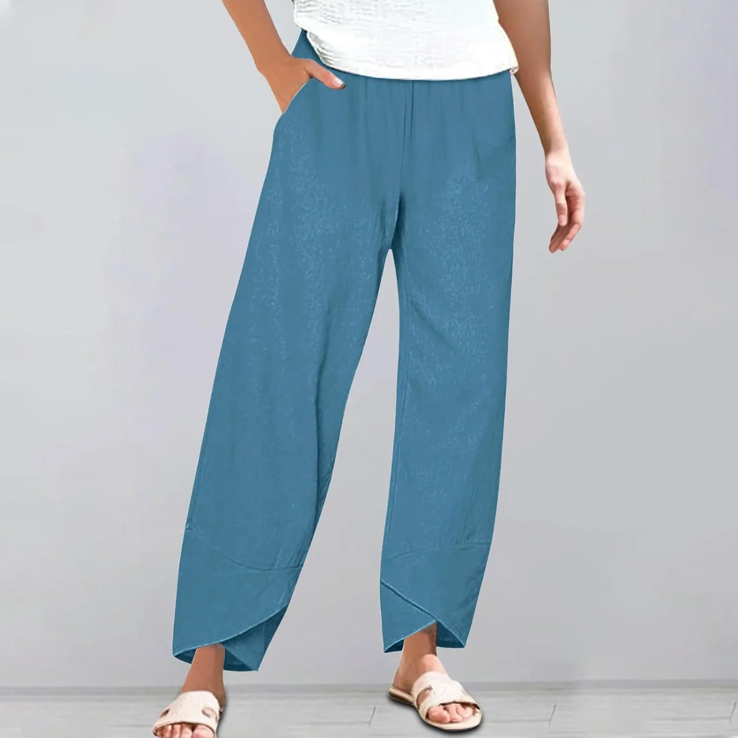Cotton Linen Pants for Women Summer Straight Leg Elastic Waist Capri Pant Casual Loose Cropped Trousers with Pockets