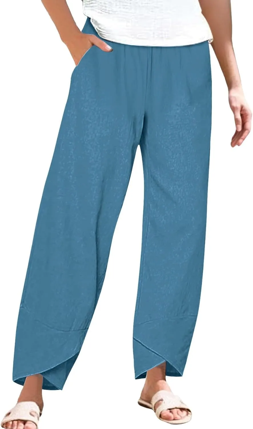 Cotton Linen Pants for Women Summer Straight Leg Elastic Waist Capri Pant Casual Loose Cropped Trousers with Pockets