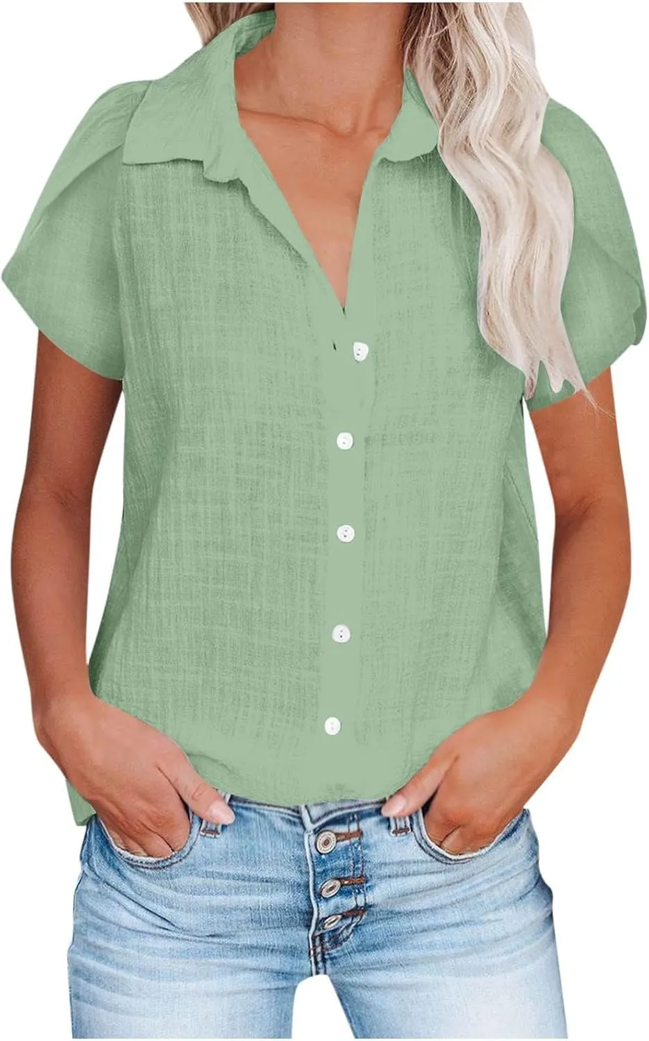 Cotton Linen Shirts for Women 2025 Buttons V Neck Short Sleeve Tops Summer Trendy Blouses Casual Loose Tunic Clothes