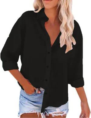 Cotton Linen Shirts for Women Loose Lapel Collar Single Breasted Roll Up Sleeve Work Tunic Solid Color Business Blouse