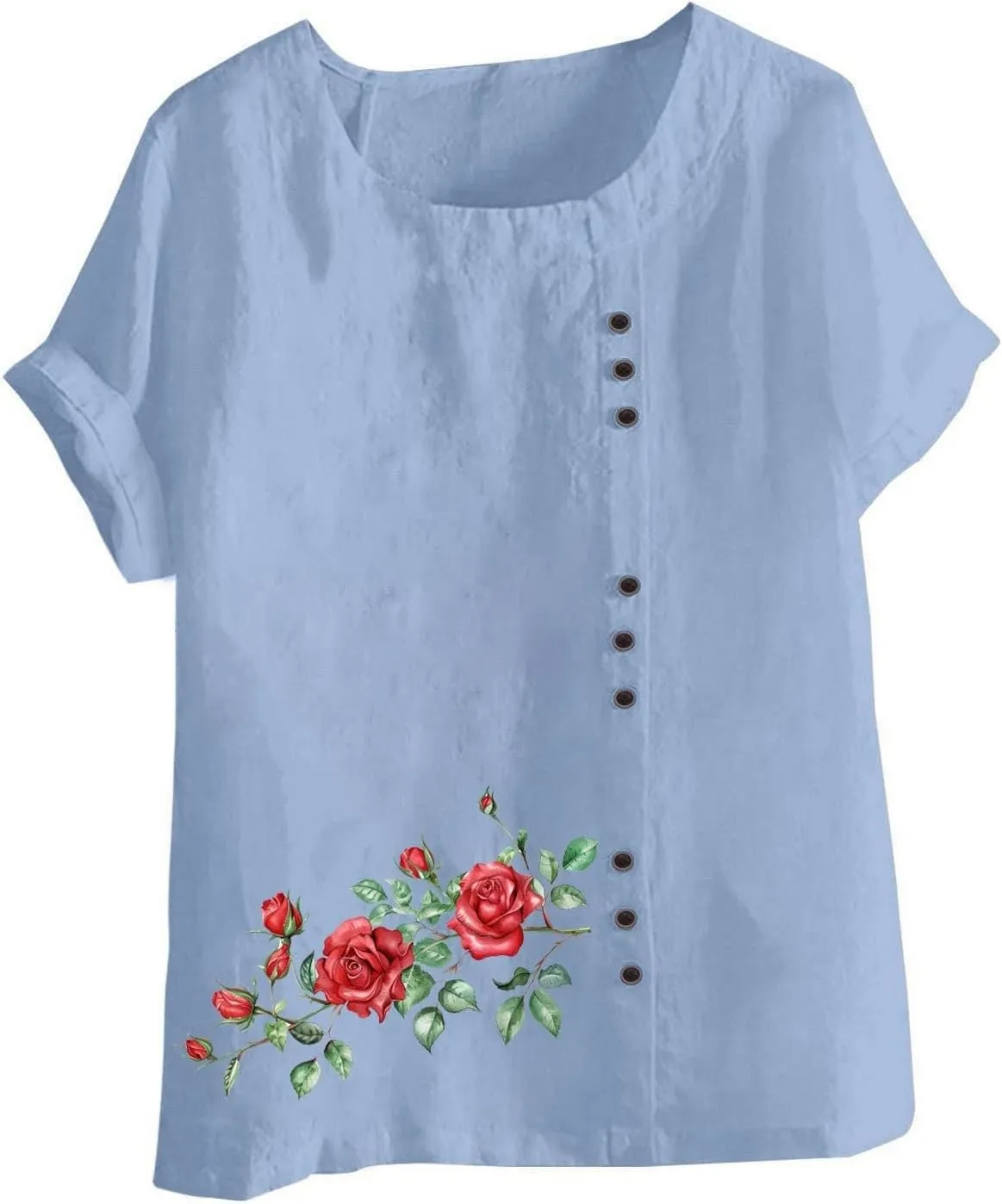 Cotton Linen Top for Women 2025 Boho Floral Short Sleeve Crewneck Short Sleeve Tshirt Floral Printed Loose Blouse