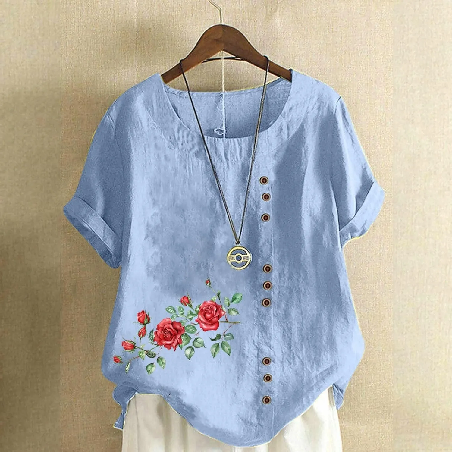 Cotton Linen Top for Women 2025 Boho Floral Short Sleeve Crewneck Short Sleeve Tshirt Floral Printed Loose Blouse