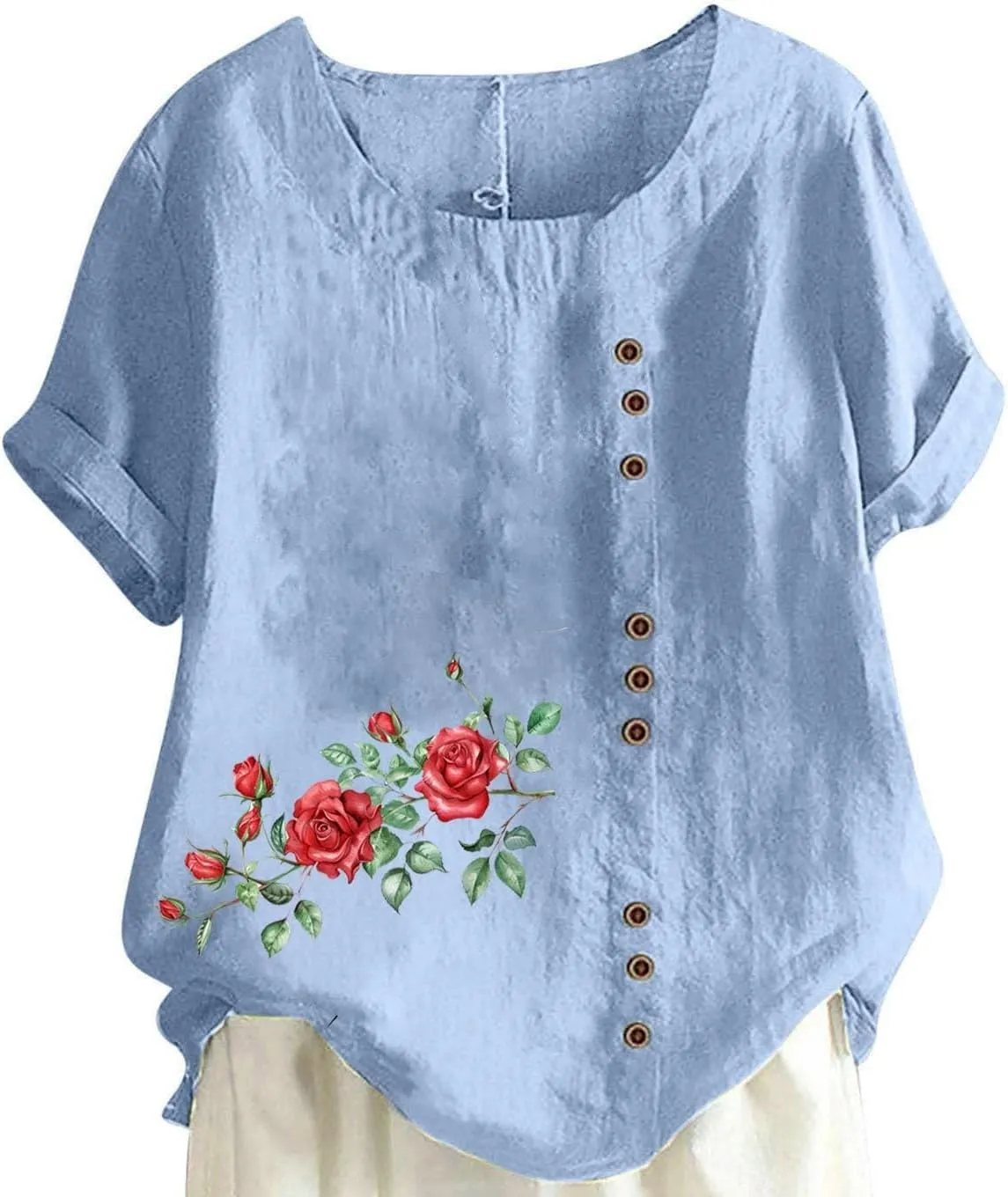 Cotton Linen Top for Women 2025 Boho Floral Short Sleeve Crewneck Short Sleeve Tshirt Floral Printed Loose Blouse