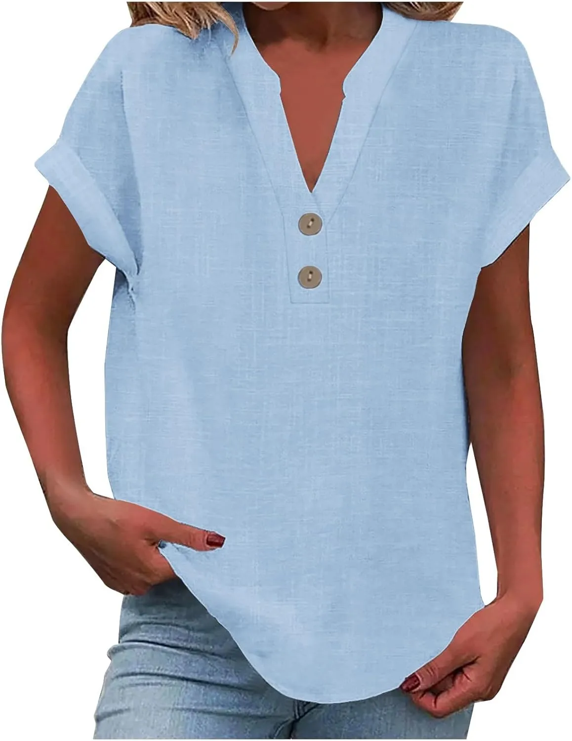 Cotton T Shirts Women Casual Short Sleeve Button V Neck Tops Loose Fit Basic Business Summer Boho Tee Shirt