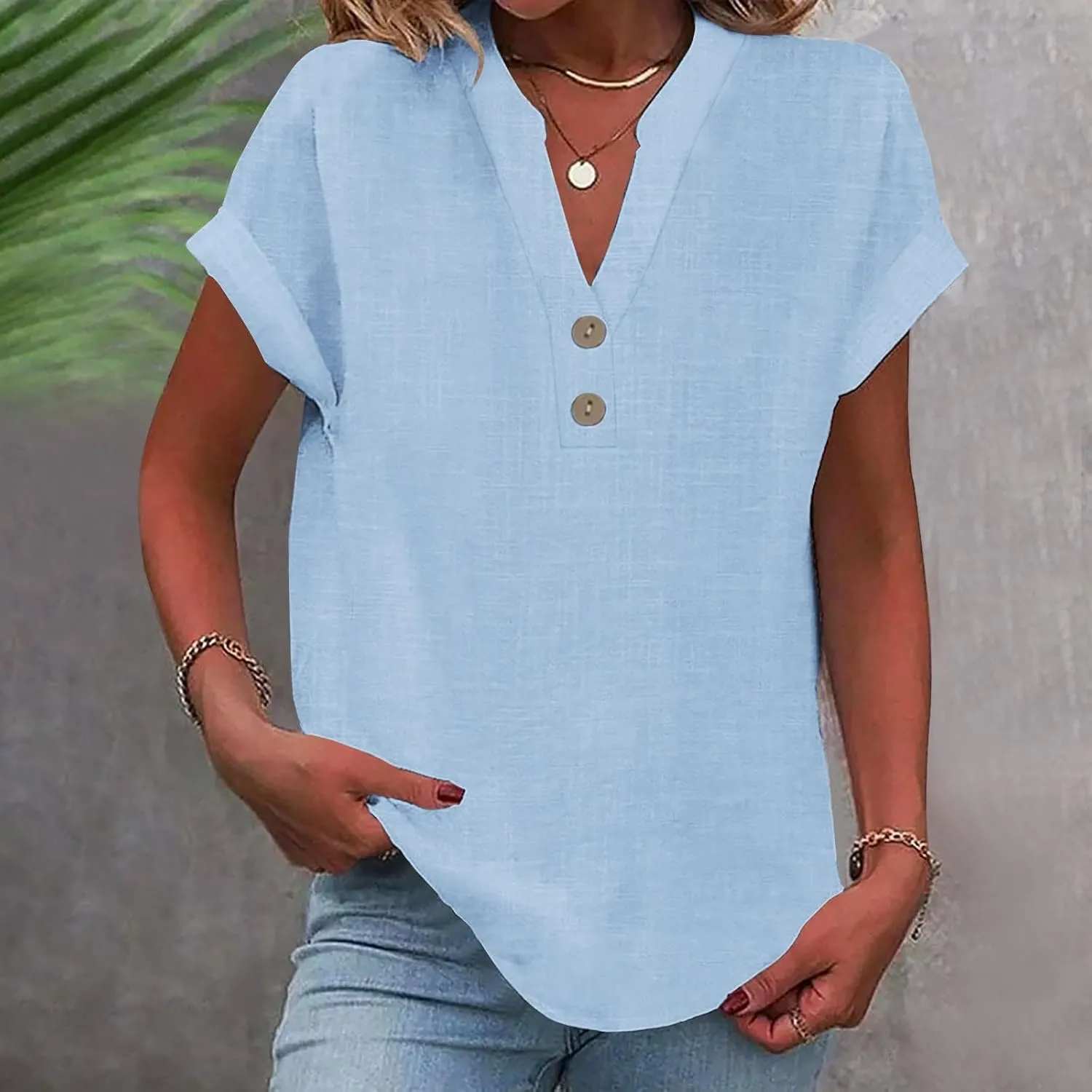 Cotton T Shirts Women Casual Short Sleeve Button V Neck Tops Loose Fit Basic Business Summer Boho Tee Shirt