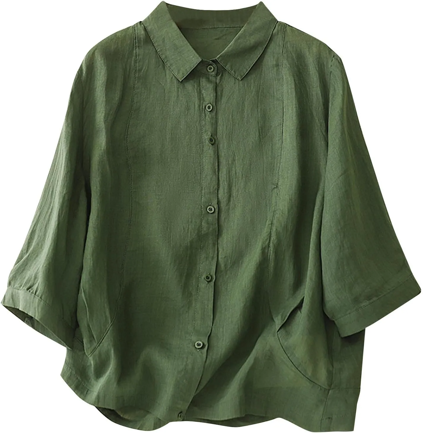 Cotton Tshirts for Women Lightweight Linen Cotton Soft Tops Casual 3/4 Sleeve Button Down Summer Blouses Outfits