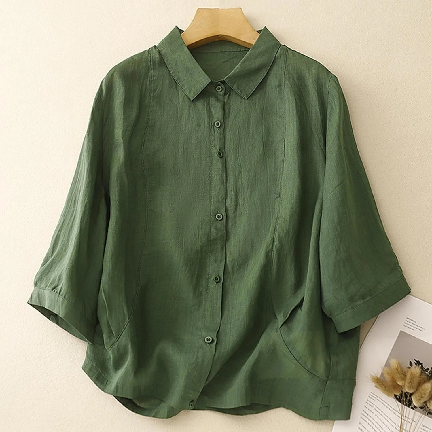 Cotton Tshirts for Women Lightweight Linen Cotton Soft Tops Casual 3/4 Sleeve Button Down Summer Blouses Outfits