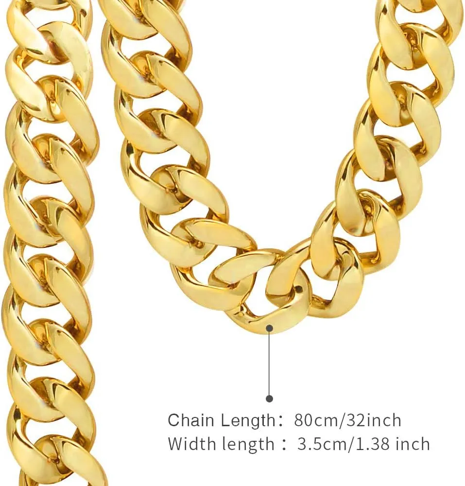 CrazyPiercing Faux Gold Acrylic Chain Necklace, 90s Punk Style Necklace Costume Jewelry, Hip Hop Turnover Chain Necklace, Plastic 32 inches, 36 inches 35mm
