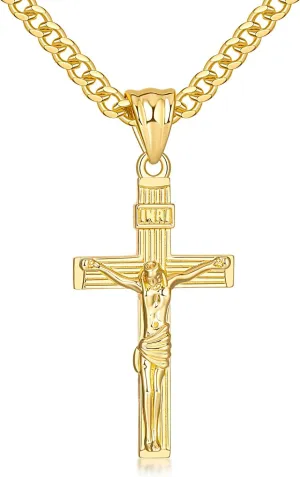 Cross Necklace 14K Gold Cross Necklace for Men Gold Necklaces for Men Crucifix Necklaces Pendant Mens Cuban Chain 20/22/24in