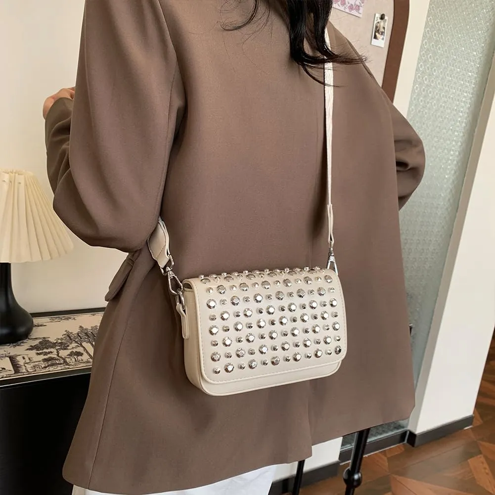 Crossbody Bag for Women With Adjustable Guitar Strap Satchel Purse PU Leather Flap Rivet Studded Clutch Purse for