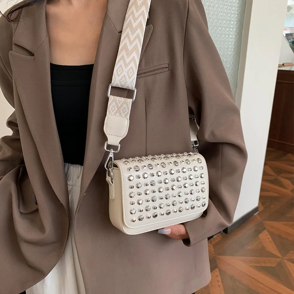 Crossbody Bag for Women With Adjustable Guitar Strap Satchel Purse PU Leather Flap Rivet Studded Clutch Purse for
